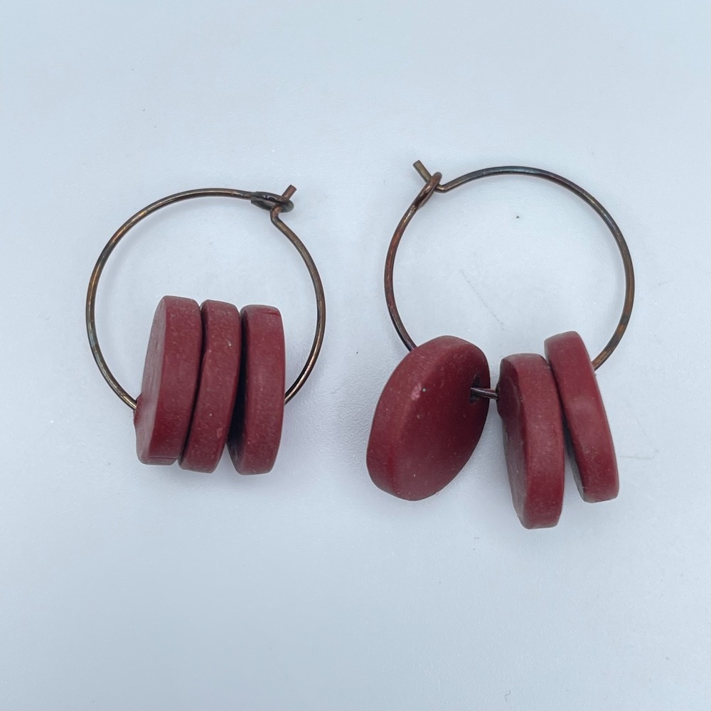 Bohemian Copper-Tone Artisan-Style Tribal Red Disc Hoop Hook & Eye Earrings Boho